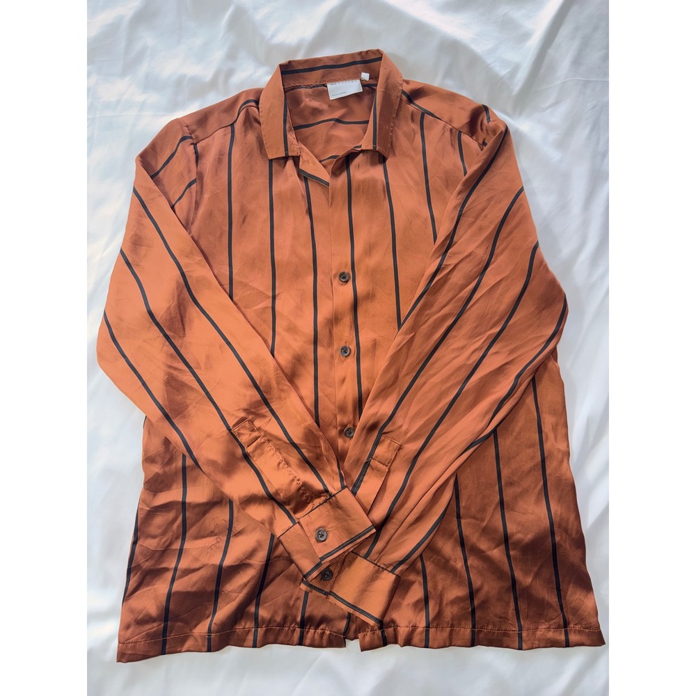 ASOS DESIGN Mens Copper Brown Black Striped Satin Long Sleeve Shirt Size M
